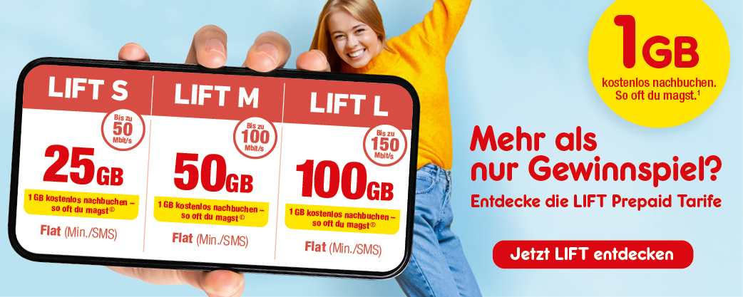 NettoKOM LIFT Prepaid-Tarife mit 25, 50 oder 100 GB entdecken – 1 GB kostenlos nachbuchbar, so oft du magst.