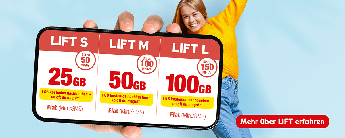 NettoKOM LIFT – Prepaid-Tarife mit 1 GB kostenlos nachbuchen